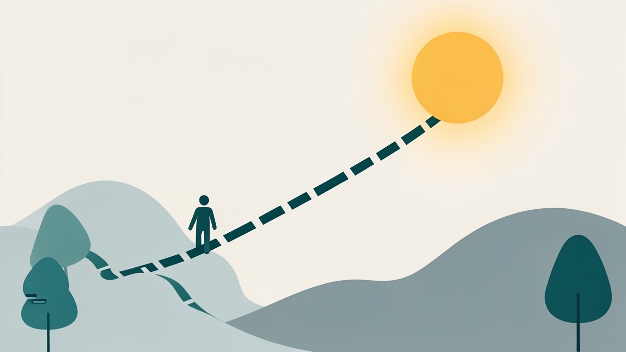 A clean, minimalist illustration of a winding path leading upward through a stylized landscape, with a small figure standing at the start, symbolizing the student aid journey.