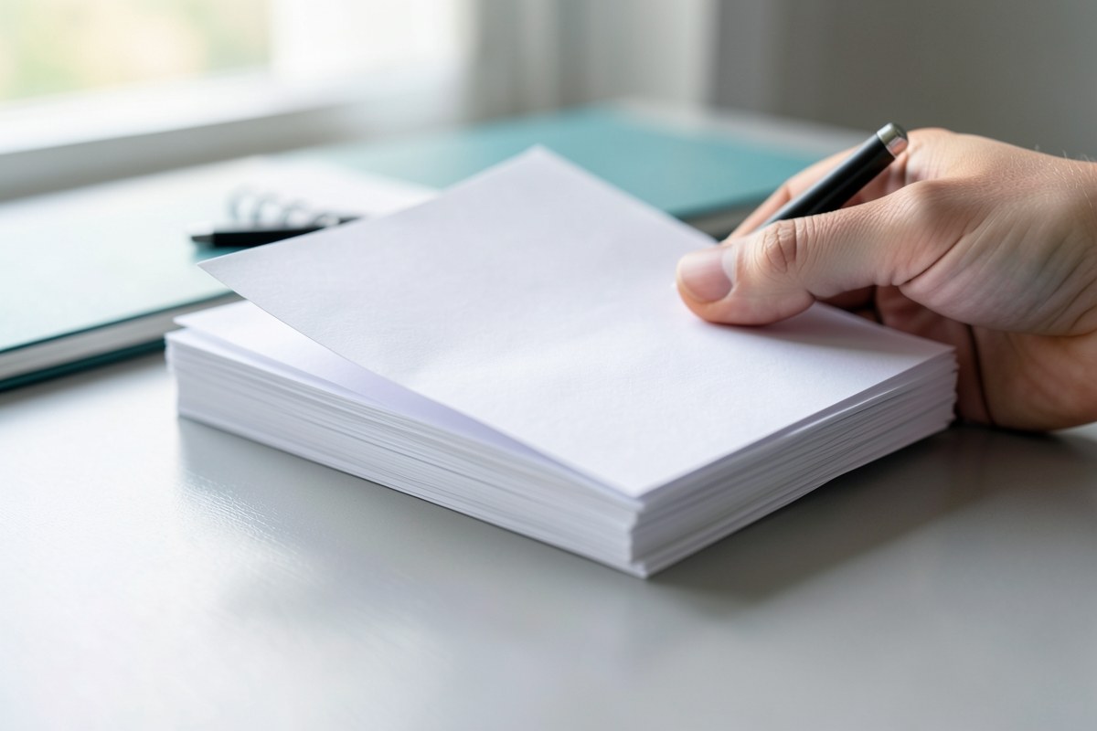 A neat stack of documents held by a hand, with a pen lying on top, implying organization and the start of an application process.