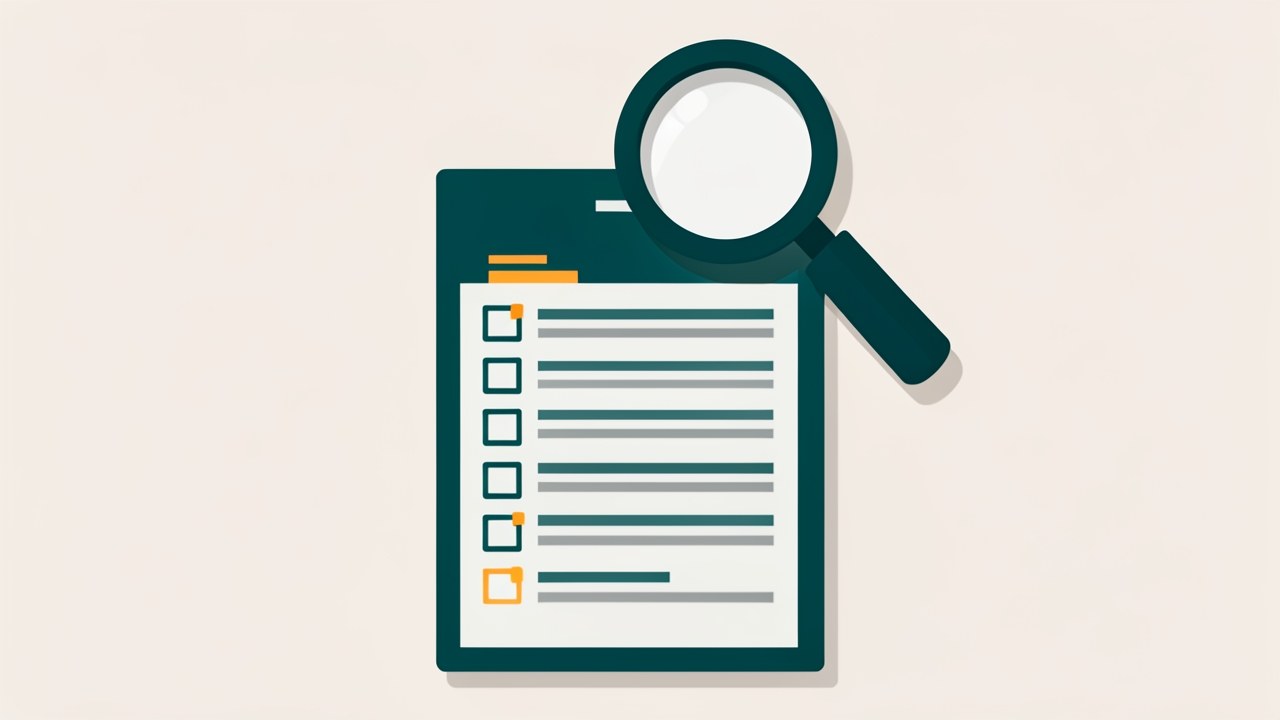 A digital checklist with a magnifying glass over a document, representing eligibility assessment and verification.
