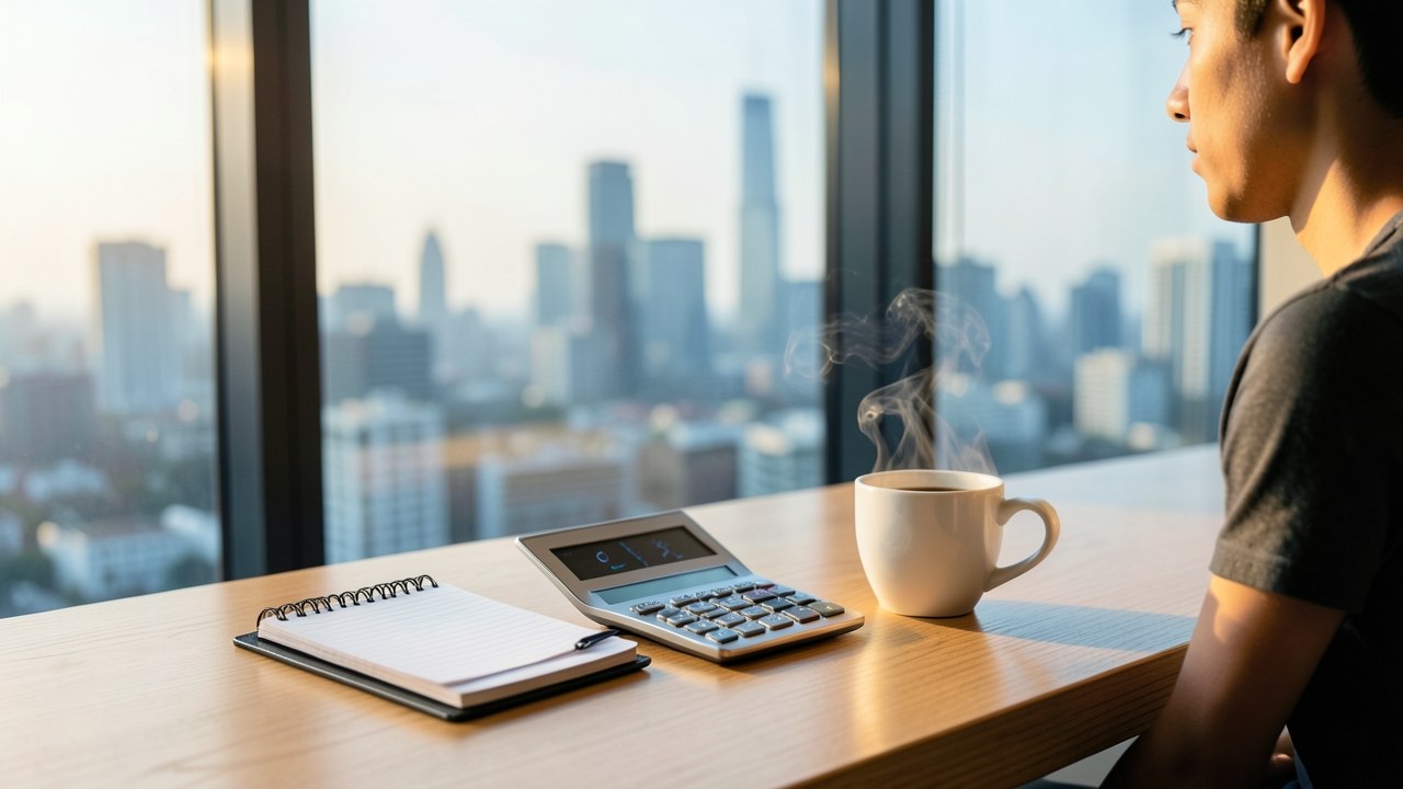 A person calmly looking out a window over a city skyline, with a notepad and calculator nearby, symbolizing financial planning for loan repayment.