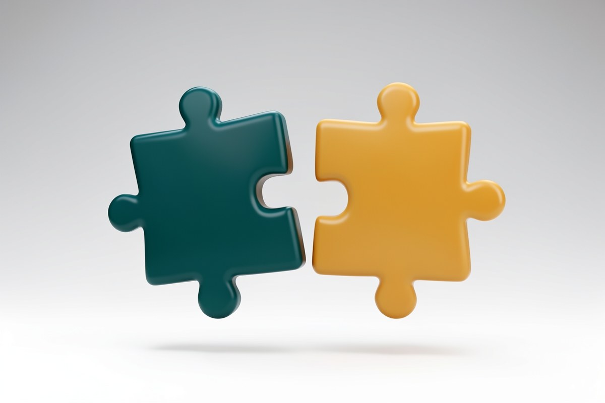 Two overlapping puzzle pieces, one in teal and one in honey, fitting together, representing the integration of provincial and federal aid.