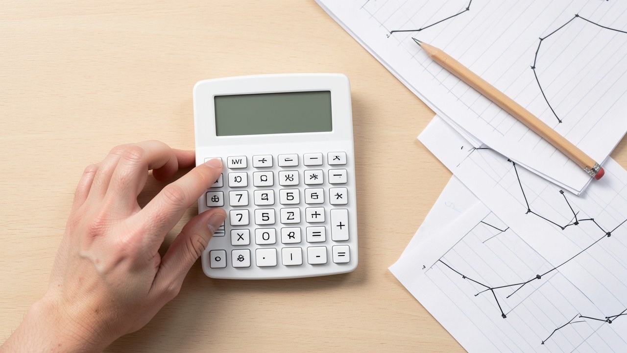 A hand using a calculator on a desk with documents and a pencil, indicating budget planning or estimation.