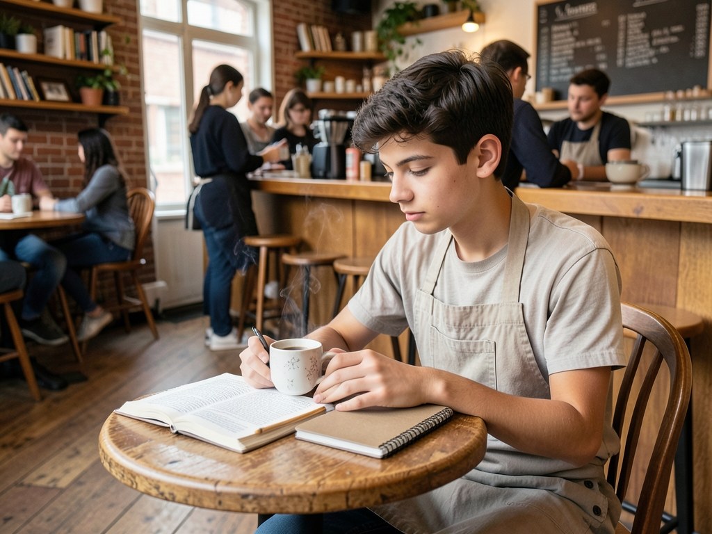 A student with a part-time job, reading a book during a break, balancing work and study.