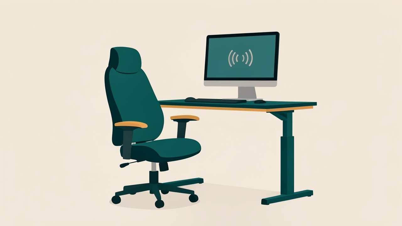 A stylized illustration of accessible equipment, such as an adjustable desk and a screen reader, on a clean background.