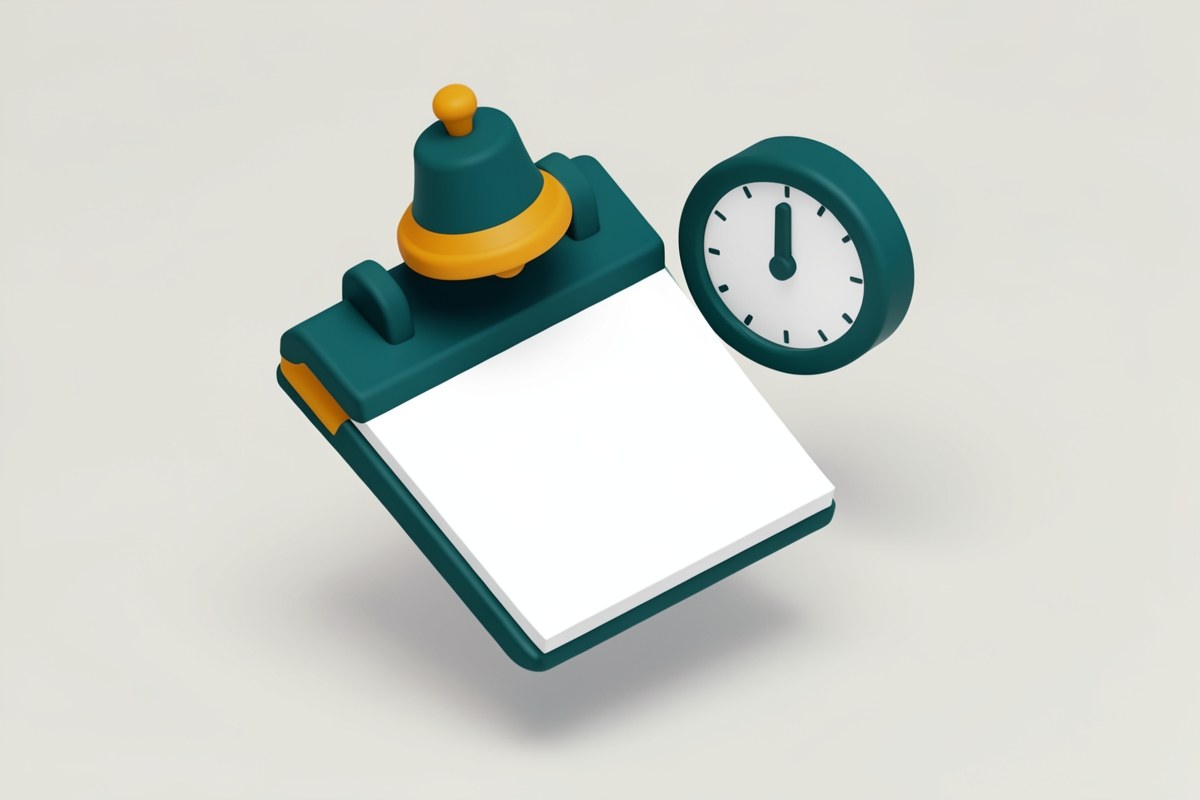A modern clock with a calendar icon and a notification bell, representing timely updates and deadlines.