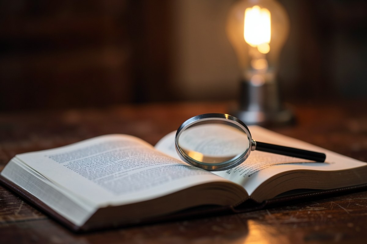 An open book on a desk with a magnifying glass and a lightbulb icon in the background, representing knowledge and research.