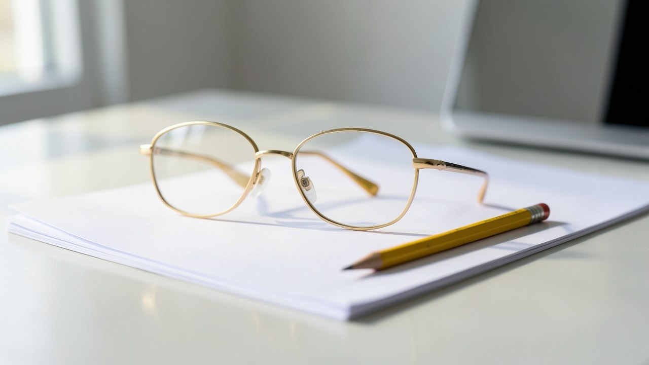 A pair of glasses and a pencil on a stack of printed papers, symbolizing careful review and fact-checking.