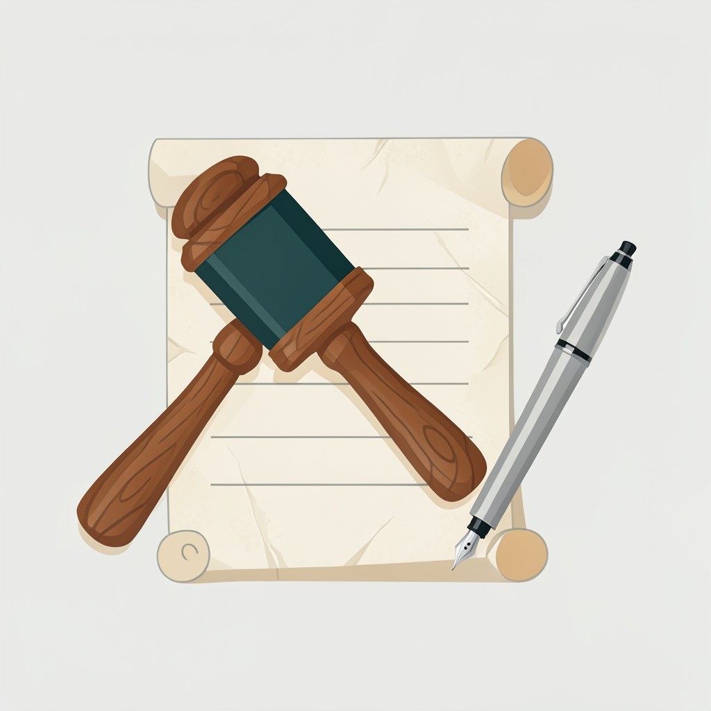 A gavel and a document with a fountain pen, representing legal agreements and terms of use.