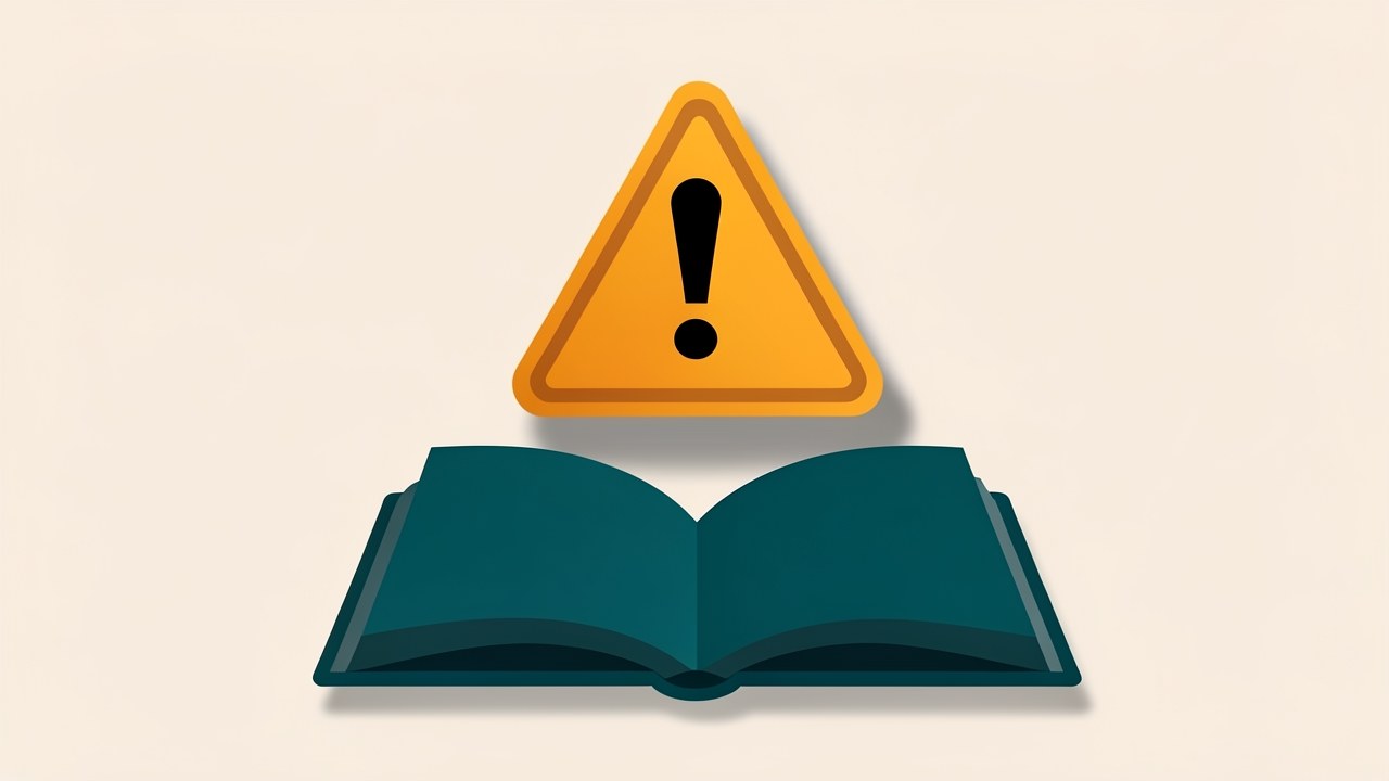 A warning triangle with an exclamation mark in the center, floating above an open book, representing caution and information.